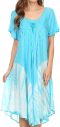Sakkas Ballari Mid Length Cap Sleeve Embroidered Batik Caftan Dress / Cover Up#color_Turquoise