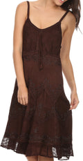 Sakkas Stonewashed Rayon Adjustable Spaghetti Straps Mid Length Dress#color_Chocolate