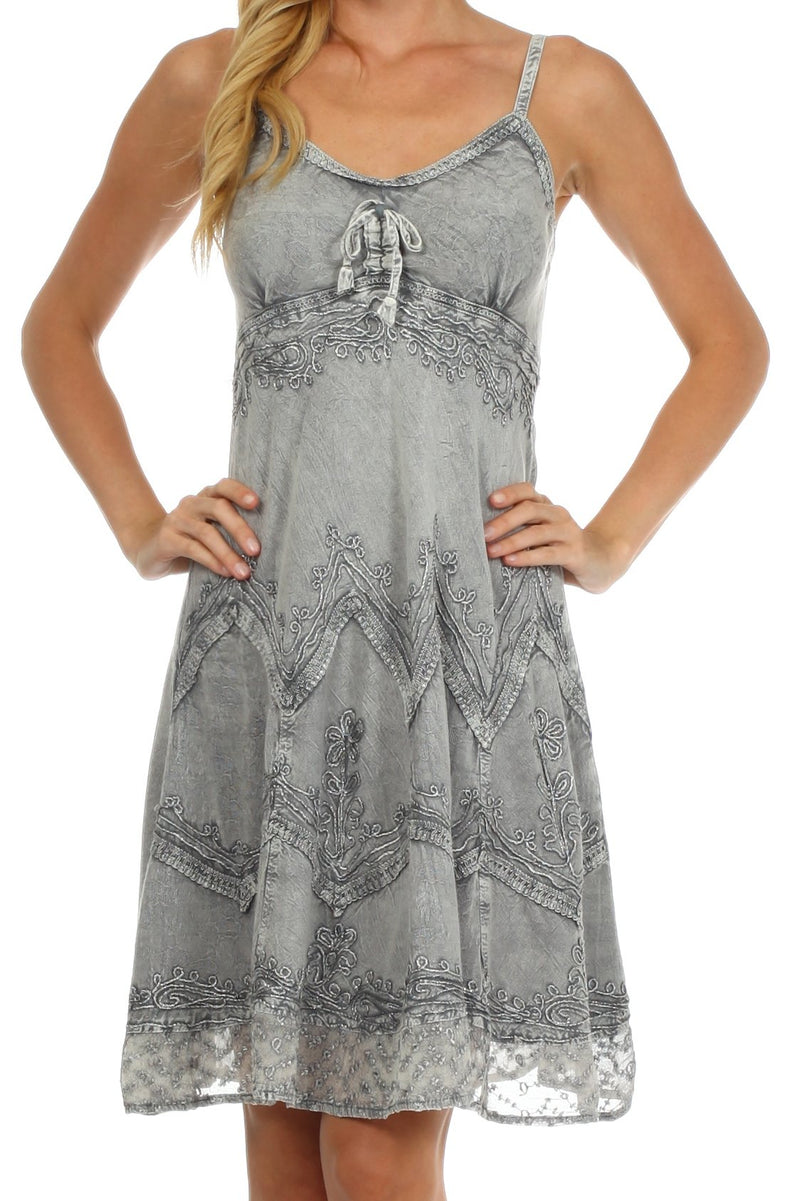 Sakkas Stonewashed Rayon Adjustable Spaghetti Straps Mid Length Dress