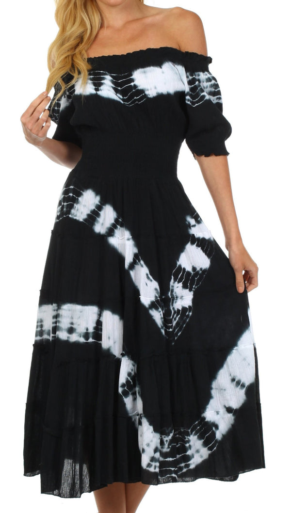 Sakkas Tie Dye Peasant Gypsy Boho Dress#color_Black