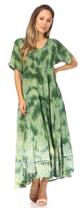 Sakkas Marcela Women's Casual Summer Maxi Short Sleeve Boho Dress Kaftan Sundress#color_522102-ArmyGreen