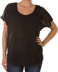 Sakkas Embroidered 100% Cotton Scoop Neck Semi-Sheer Short Sleeve Gauzy Top / Blouse#color_Black
