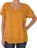 Sakkas Embroidered 100% Cotton Scoop Neck Semi-Sheer Short Sleeve Gauzy Top / Blouse#color_Camel