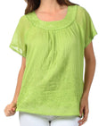 Sakkas Embroidered 100% Cotton Scoop Neck Semi-Sheer Short Sleeve Gauzy Top / Blouse#color_LightGreen