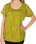 Sakkas Embroidered 100% Cotton Scoop Neck Semi-Sheer Short Sleeve Gauzy Top / Blouse#color_Olive