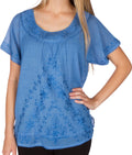 Sakkas Embroidered 100% Cotton Scoop Neck Semi-Sheer Short Sleeve Gauzy Top / Blouse#color_Steel Blue