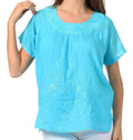 Sakkas Embroidered 100% Cotton Scoop Neck Semi-Sheer Short Sleeve Gauzy Top / Blouse#color_Turquoise
