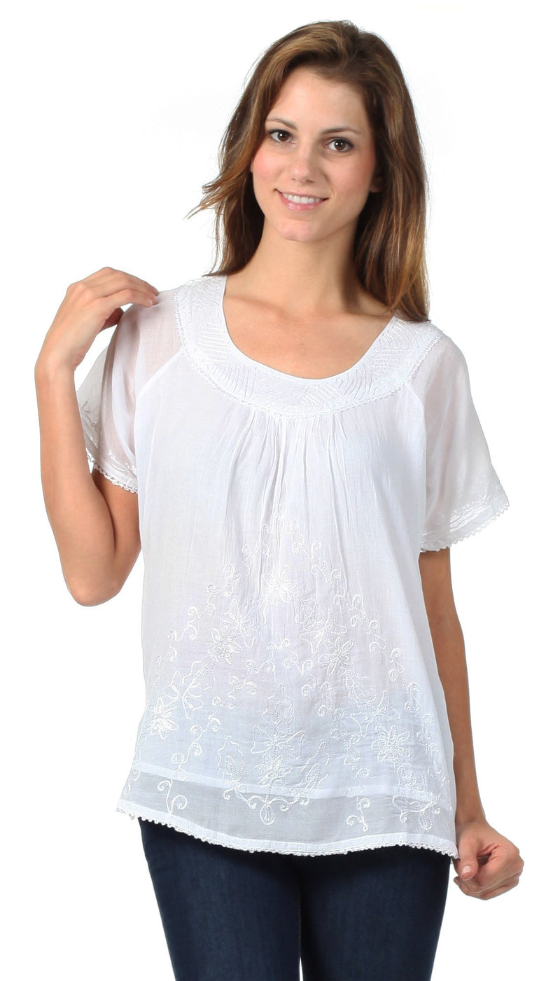 Sakkas Embroidered 100% Cotton Scoop Neck Semi-Sheer Short Sleeve Gauzy Top / Blouse