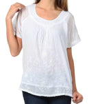 Sakkas Embroidered 100% Cotton Scoop Neck Semi-Sheer Short Sleeve Gauzy Top / Blouse