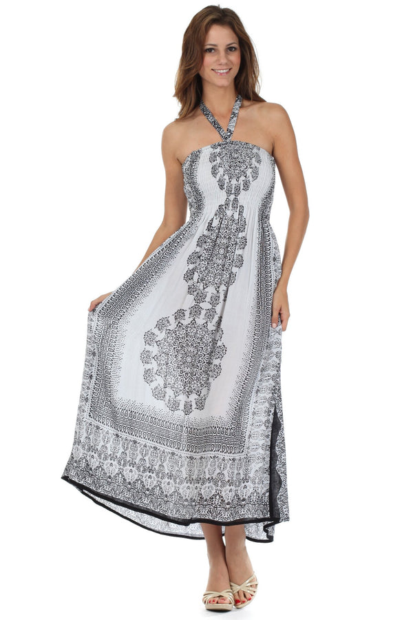 Sakkas Mehndi Henna Smocked Bodice Maxi Dress#color_Black