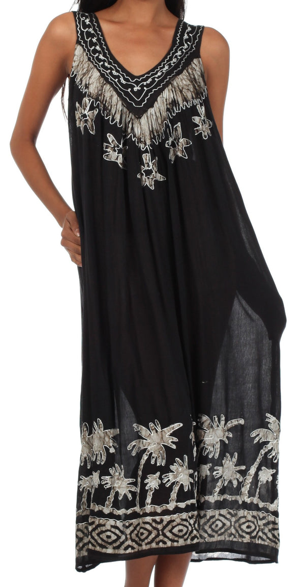 Sakkas Embroidered Palm Tree V-Neck Caftan Cotton Dress#color_Black