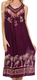 Sakkas Embroidered Palm Tree V-Neck Caftan Cotton Dress#color_Burgundy