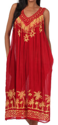 Sakkas Embroidered Palm Tree V-Neck Caftan Cotton Dress#color_Red