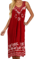 Sakkas Embroidered Palm Tree V-Neck Caftan Cotton Dress#color_Red/White