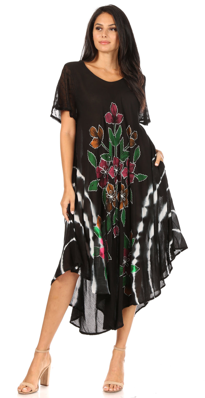 Sakkas Embroidered Painted Floral Cap Sleeve Cotton Dress