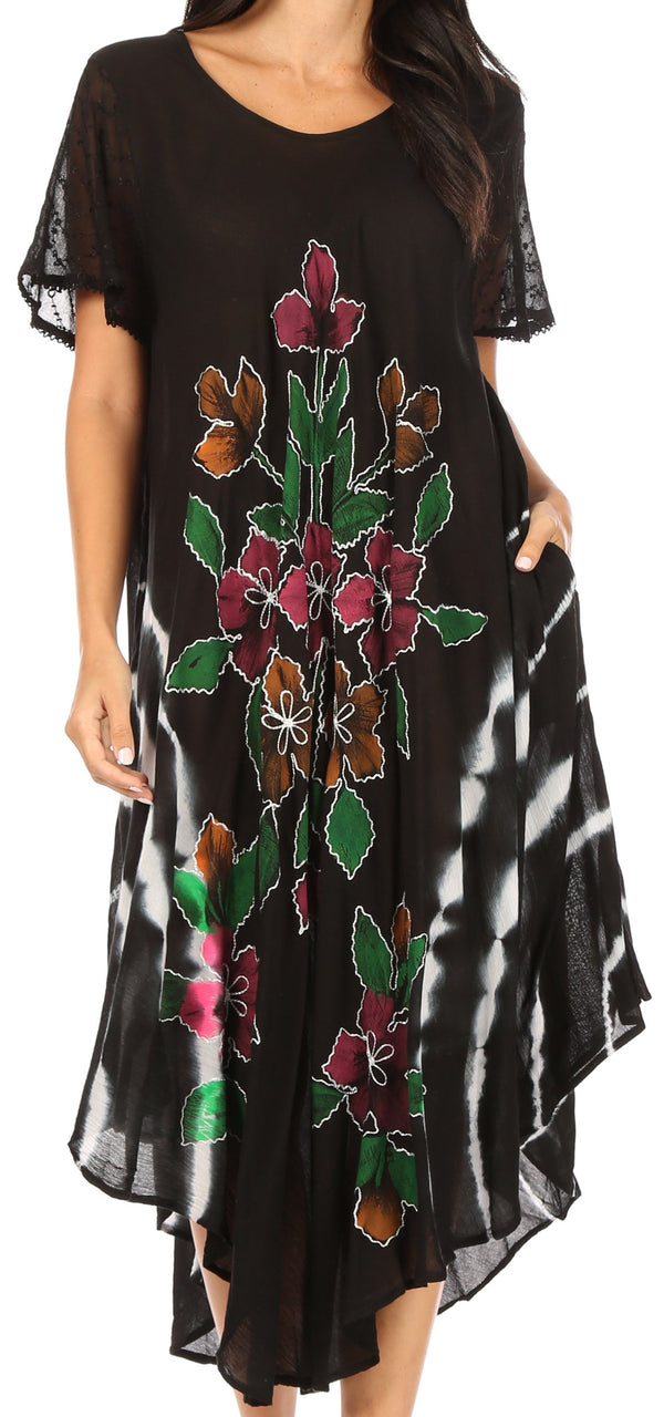 Sakkas Embroidered Painted Floral Cap Sleeve Cotton Dress#color_Black