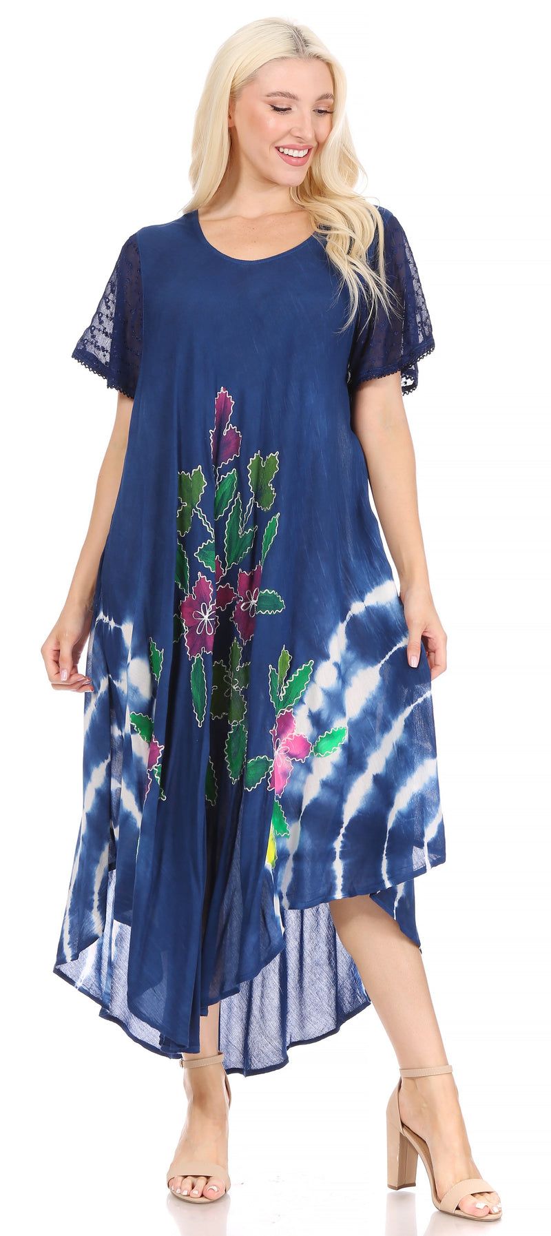 Sakkas Embroidered Painted Floral Cap Sleeve Cotton Dress