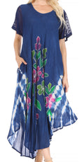 Sakkas Embroidered Painted Floral Cap Sleeve Cotton Dress#color_Blue