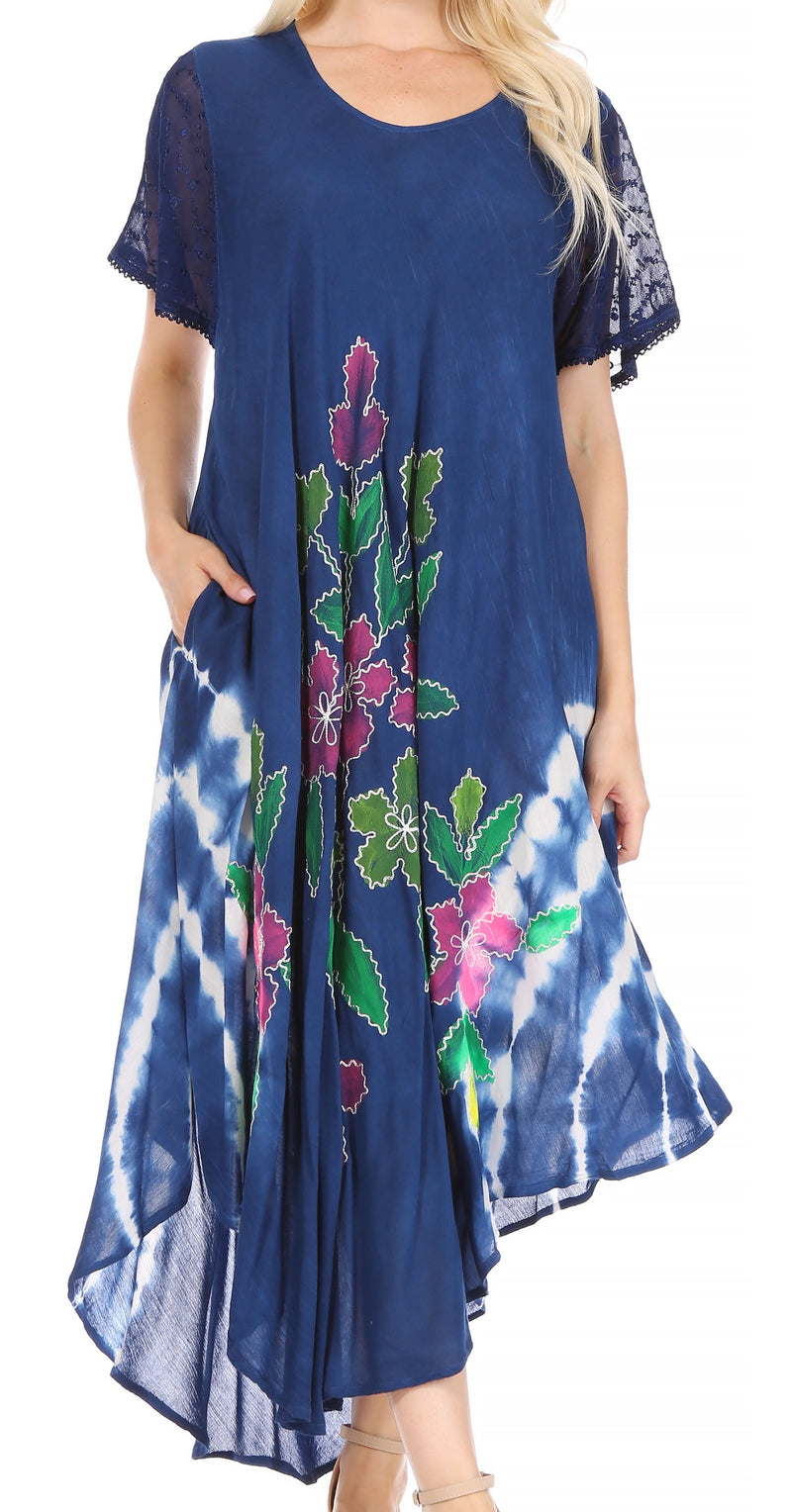 Sakkas Embroidered Painted Floral Cap Sleeve Cotton Dress