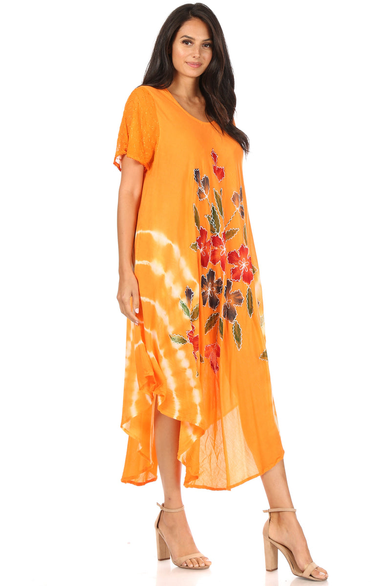 Sakkas Embroidered Painted Floral Cap Sleeve Cotton Dress