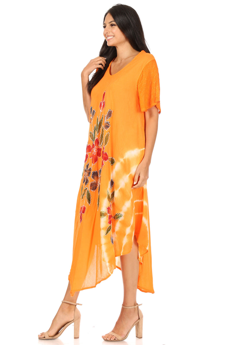 Sakkas Embroidered Painted Floral Cap Sleeve Cotton Dress