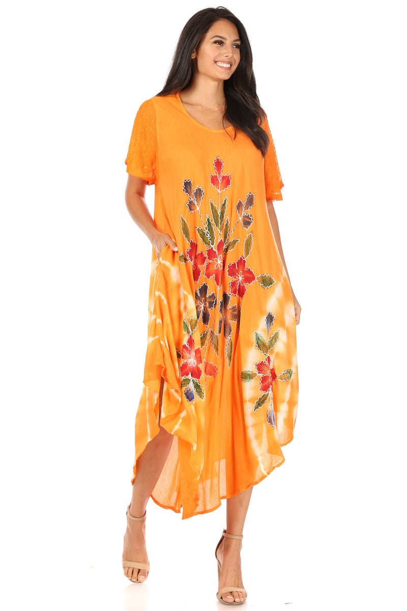 Sakkas Embroidered Painted Floral Cap Sleeve Cotton Dress