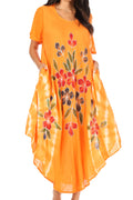Sakkas Embroidered Painted Floral Cap Sleeve Cotton Dress#color_Orange