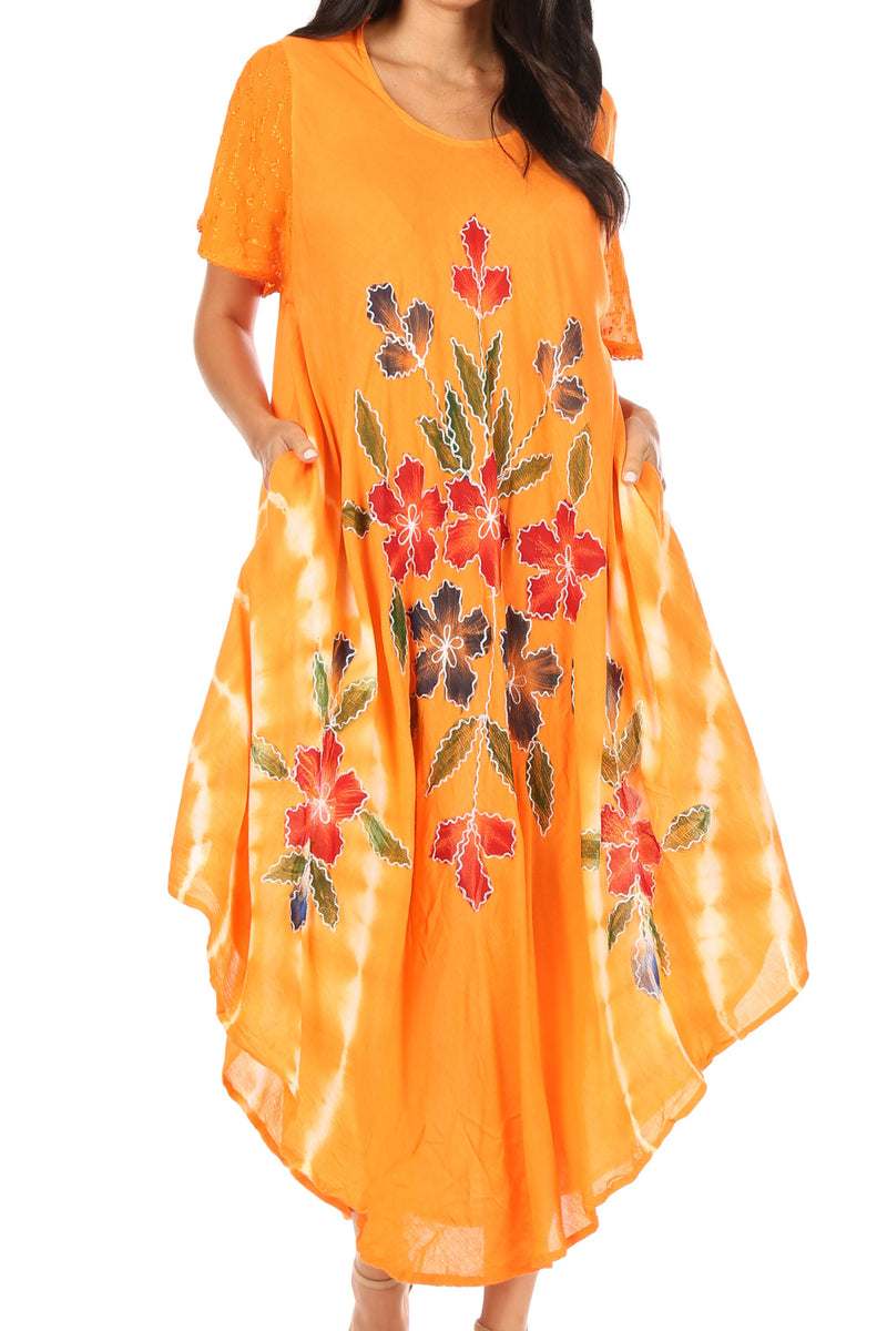 Sakkas Embroidered Painted Floral Cap Sleeve Cotton Dress