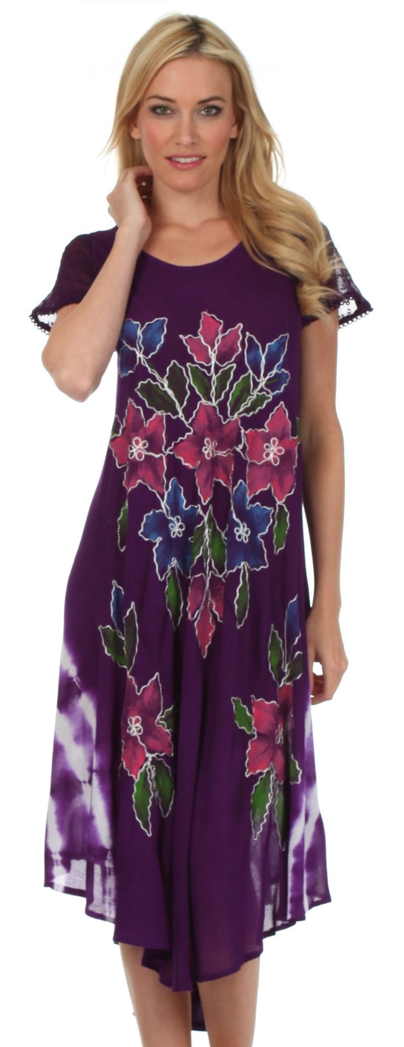 Sakkas Embroidered Painted Floral Cap Sleeve Cotton Dress