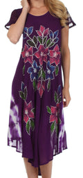 Sakkas Embroidered Painted Floral Cap Sleeve Cotton Dress#color_Purple