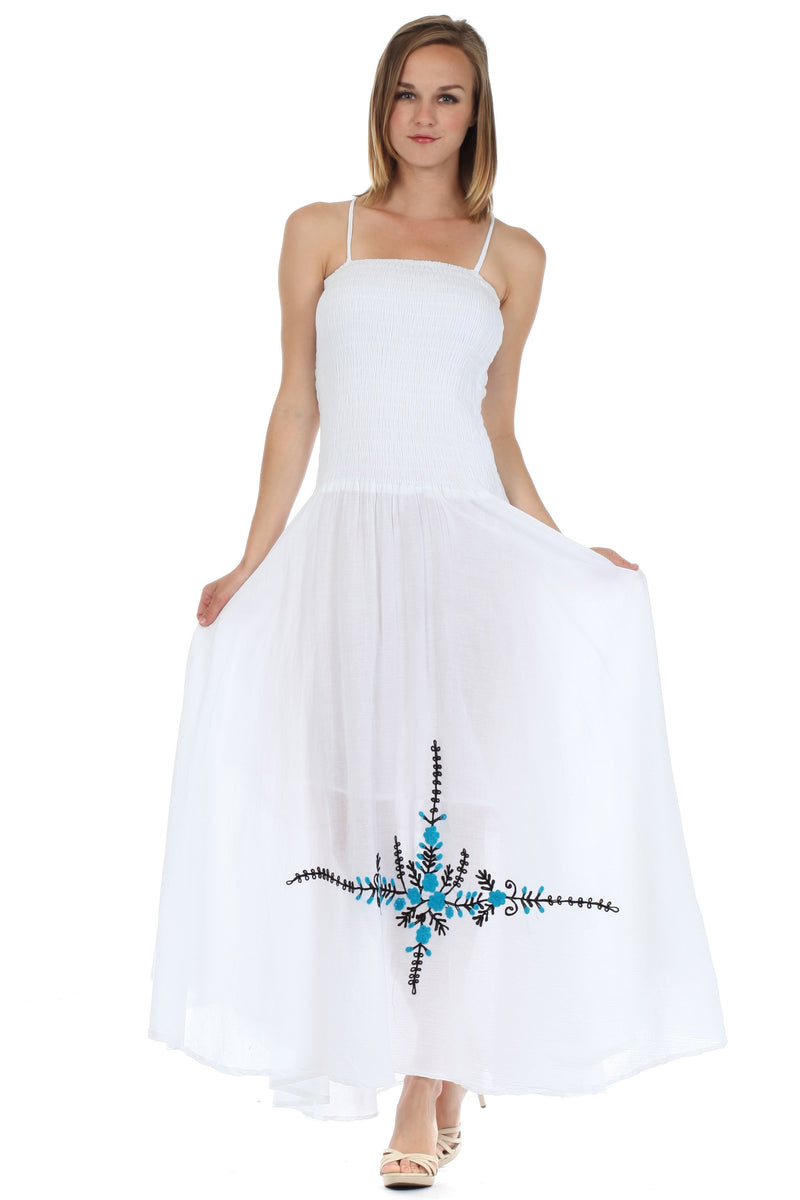 Sakkas Gauzy Cotton Yarn Embroidered Smocked Bodice Dress