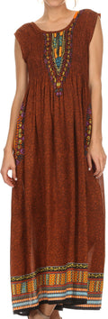 Sakkas Hoola Long Tall Full Length Tribal Printed Batik Tank Top Sleeveless Dress#color_Brown