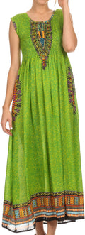 Sakkas Hoola Long Tall Full Length Tribal Printed Batik Tank Top Sleeveless Dress#color_Green