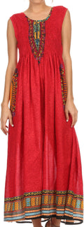 Sakkas Hoola Long Tall Full Length Tribal Printed Batik Tank Top Sleeveless Dress#color_Red