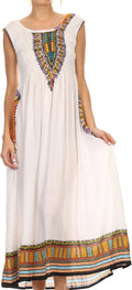 Sakkas Hoola Long Tall Full Length Tribal Printed Batik Tank Top Sleeveless Dress#color_White