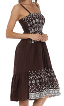Sakkas Sequin Embroidered Smocked Bodice Knee Length Dress
