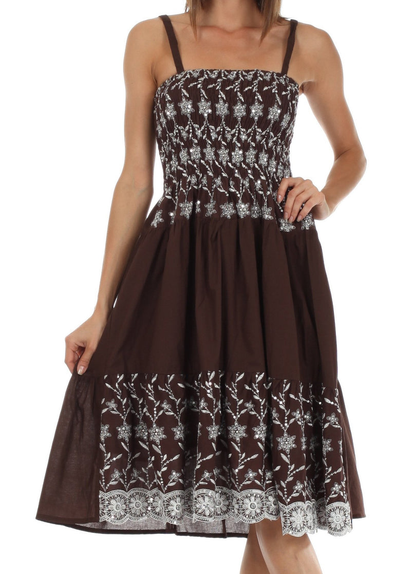 Sakkas Sequin Embroidered Smocked Bodice Knee Length Dress