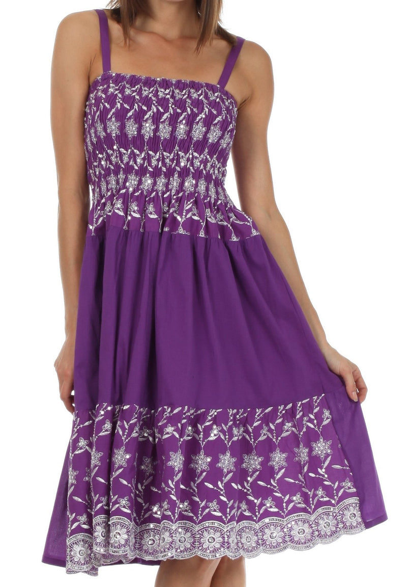 Sakkas Sequin Embroidered Smocked Bodice Knee Length Dress