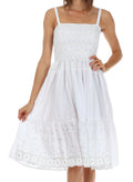 Sakkas Sequin Embroidered Smocked Bodice Knee Length Dress#color_White
