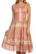 Sakkas Gigi Boho Sleeveless Smocked Waist Embroidered Mid-Length Batik Dress#color_Beige/Cream