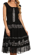 Sakkas Gigi Boho Sleeveless Smocked Waist Embroidered Mid-Length Batik Dress#color_Black/Grey