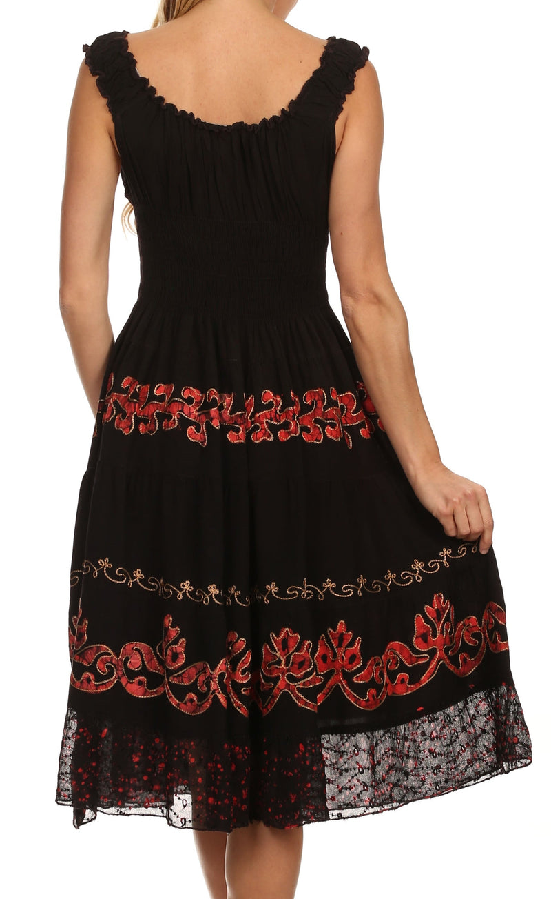 Sakkas Gigi Boho Sleeveless Smocked Waist Embroidered Mid-Length Batik Dress