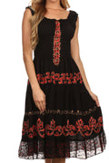 Sakkas Gigi Boho Sleeveless Smocked Waist Embroidered Mid-Length Batik Dress#color_Black/Red