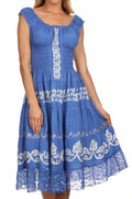 Sakkas Gigi Boho Sleeveless Smocked Waist Embroidered Mid-Length Batik Dress#color_Blue/White