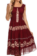 Sakkas Gigi Boho Sleeveless Smocked Waist Embroidered Mid-Length Batik Dress#color_Burgundy/Cream