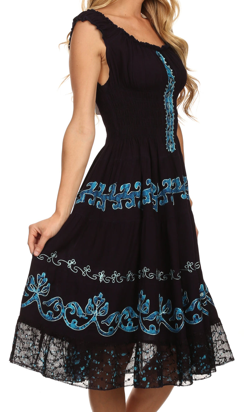 Sakkas Gigi Boho Sleeveless Smocked Waist Embroidered Mid-Length Batik Dress