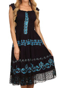 Sakkas Gigi Boho Sleeveless Smocked Waist Embroidered Mid-Length Batik Dress#color_Eggplant/Turquoise