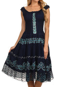 Sakkas Gigi Boho Sleeveless Smocked Waist Embroidered Mid-Length Batik Dress#color_Navy/Mint