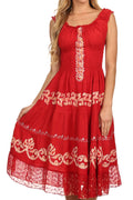 Sakkas Gigi Boho Sleeveless Smocked Waist Embroidered Mid-Length Batik Dress#color_Red/Cream