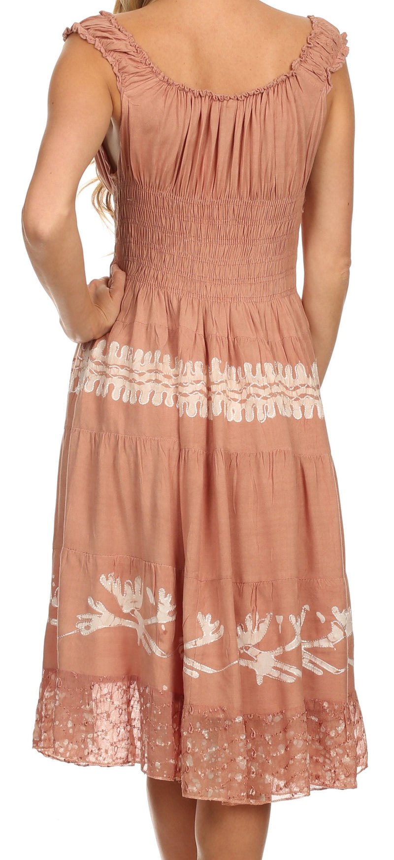 Sakkas Monica Boho Smocked Waist Sleeveless Mid-Length Embroidered Batik Dress